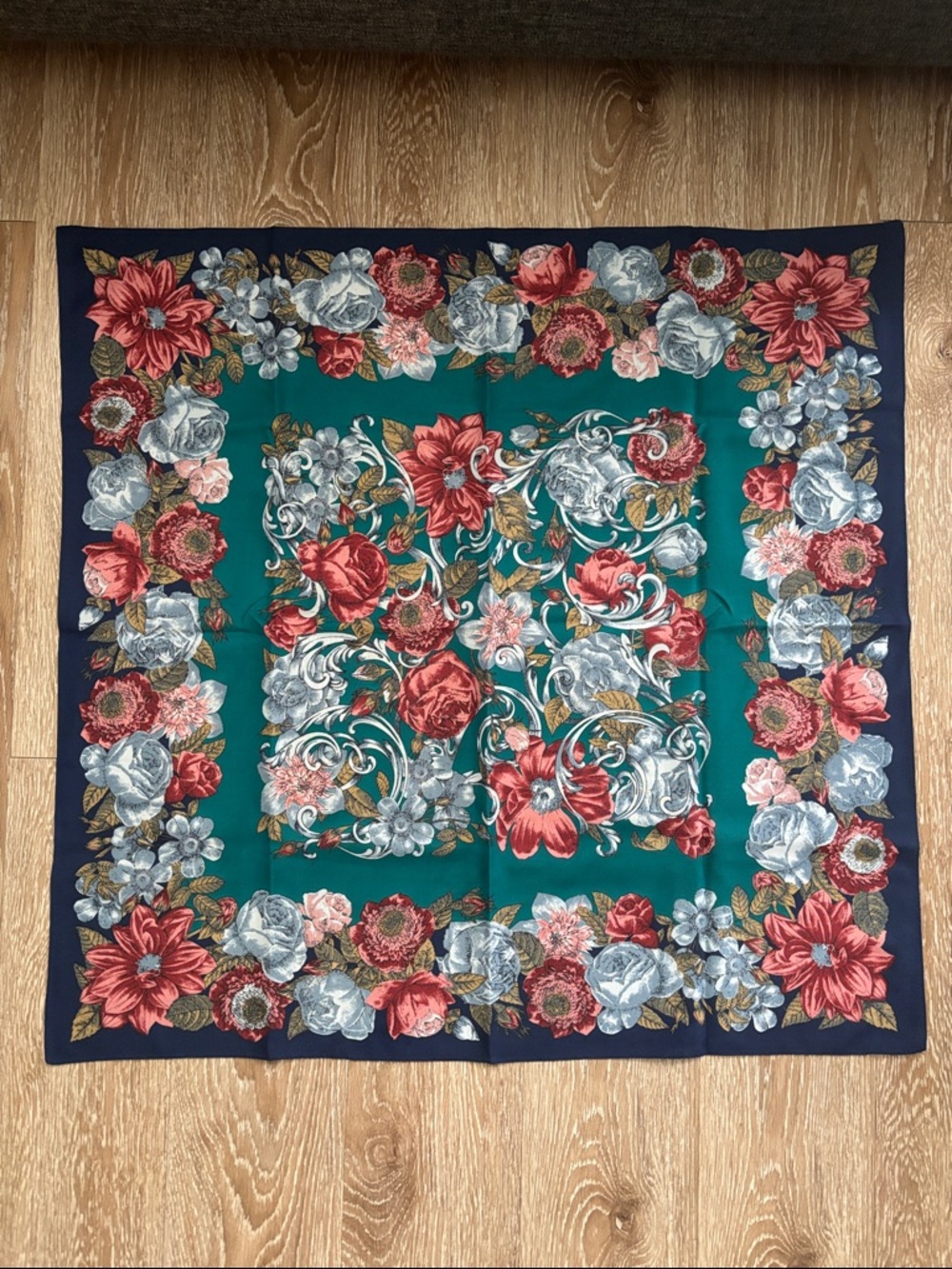 Vintage made in Italy floral print square scarf, navy/teal/pink, 29”